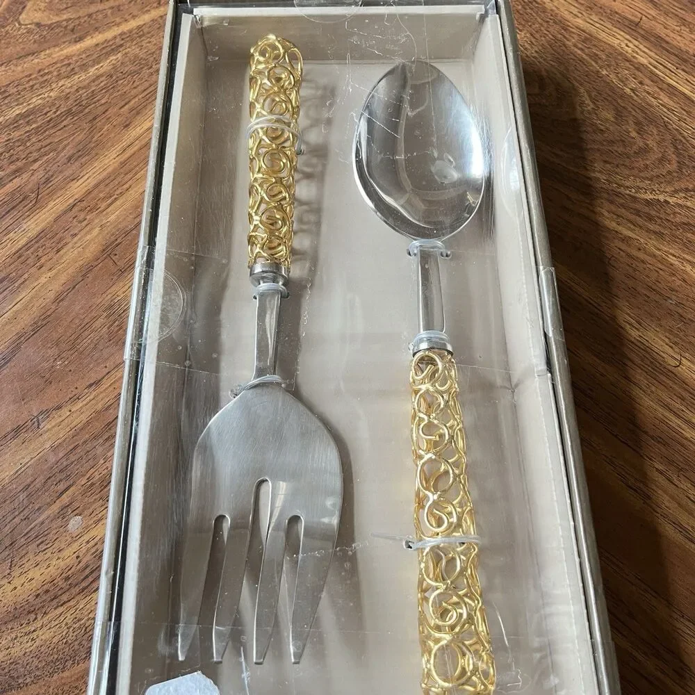 Pier 1 Imports Serveware Set Salad Serving Utensils Stainless Gold Silver